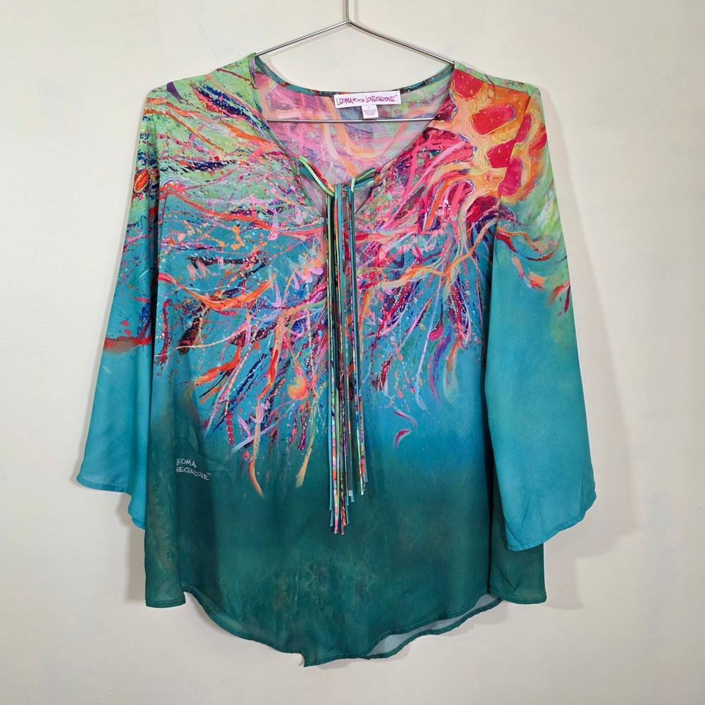 Leoma Lovegrove Women Blouse Abstract Art Print Tassel Tie Boho Top Teal Size XL